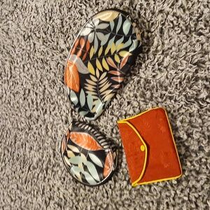 Set of 3 Small Cosmetics Purses Bags Black with Fern Print & Flowers on Red